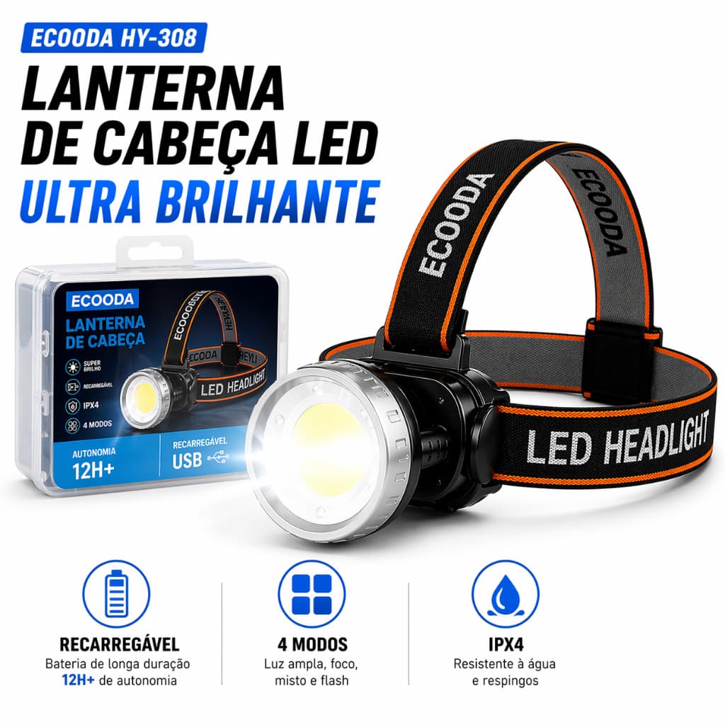 Lanterna de Cabeça Recarregável LED COB 50 Leds 4 Modos USB Tipo-C Elástico Ajustável p/ Camping Pesca Trilha Corri