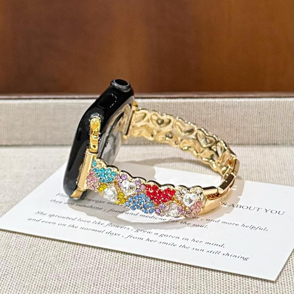 Pulseira De Relógio De Metal Fino Incrustada De Cristal Arco-Íris Colorido Para Apple Watch Series 10 11 Ultra 38 40 41