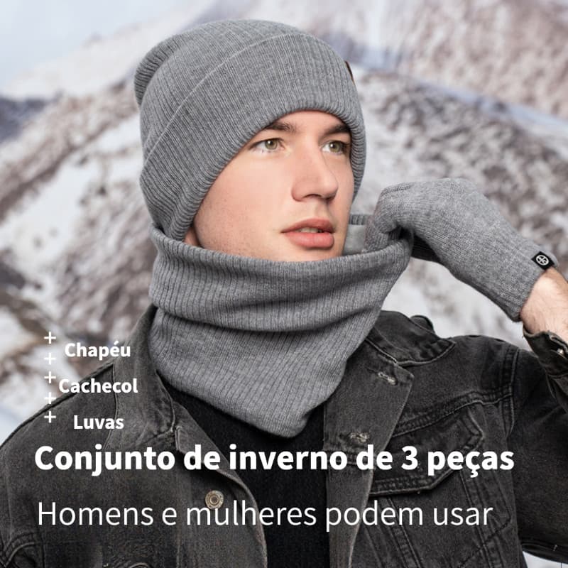 W forro de lã de inverno engrossado malha terno de três peças unissex cor sólida com nervuras ao ar livre chapéu de lã à