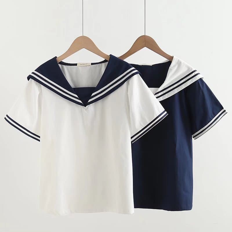 Novo produto estilo japonês estilo Preppy doce gola marinha listrada camisa de manga curta roupas femininas 31036