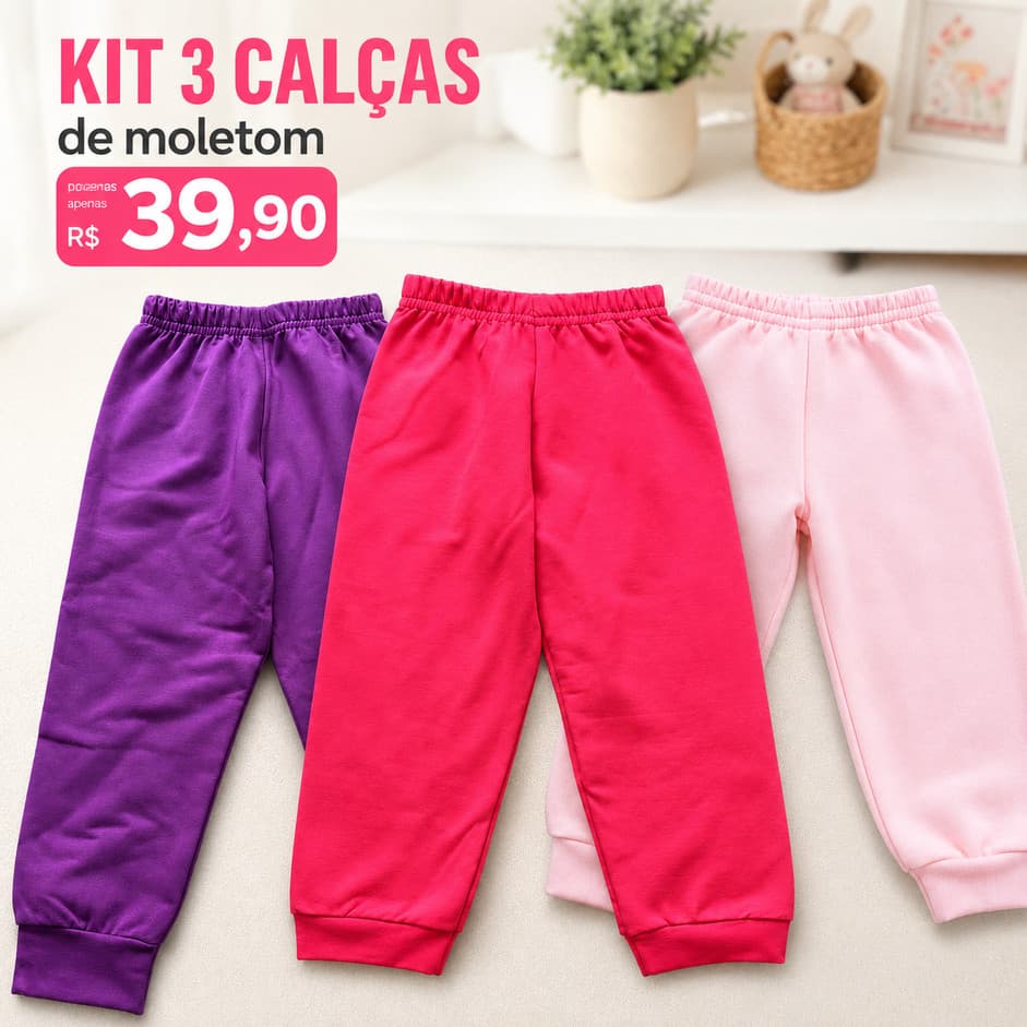 Kit 3 Calças De Moletom Infantil Menina Sortida Juvenil Outono Inverno Peluciada 1 ao 8
