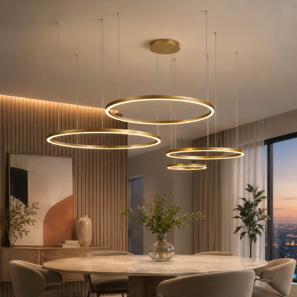 Lustre Pendente Moderno Anéis de Led 176w Pé Direto Duplo Dourado 4752lm