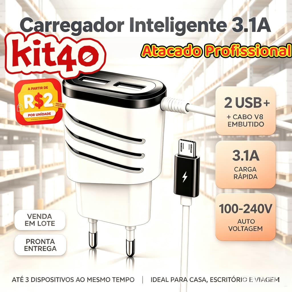 Atacado Profissional  Carregador Smart 2 USB Cabo V8 Embutido 3.1A | Bivolt Rápido 80cm | Celular Tablet Fone