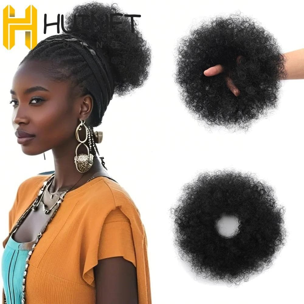 Coque de Cabelo Cacheado Africano HUINET, Cabelo Cacheado Sintético Elástico e Coque Volumoso, Peruca para Penteados Apa