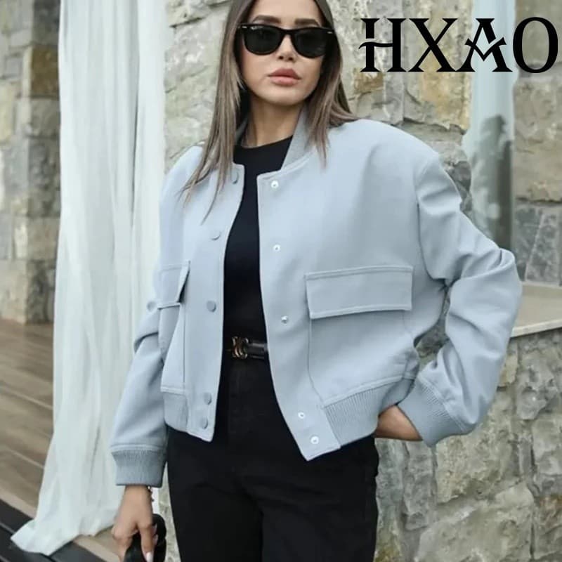Jaquetas Femininas HXAO, Jaquetas Bomber Cropped para Meia-Estação, Casacos Sólidos de Manga Longa para Primavera e Outo