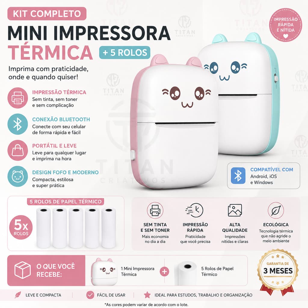 Mini Impressora Térmica Gatinho Portátil Sem Fio + 5 Rolos Bobina Papel