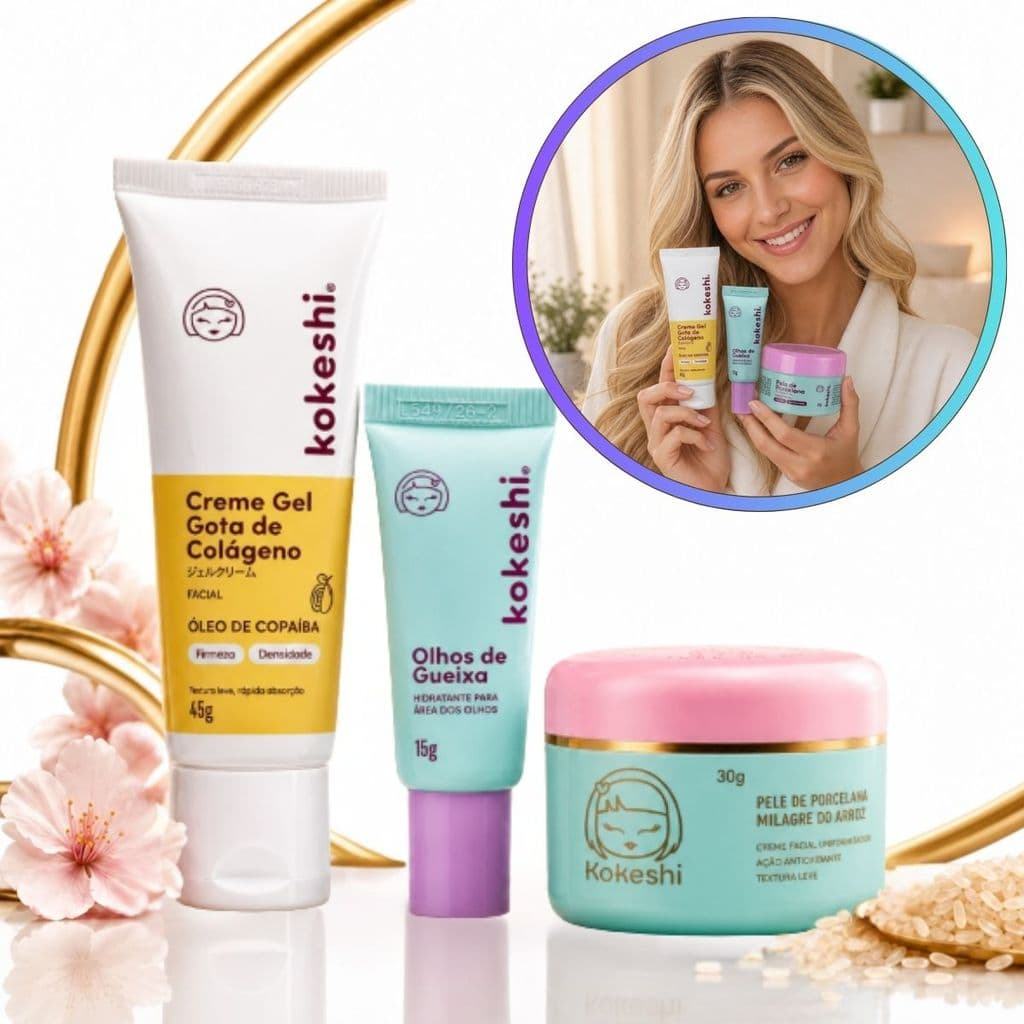 Kit Creme Facial Pele de Porcelana 30g +Olhos de Gueixa 15g + Gota Colágeno 45g - Kokeshi Hidratação, Firmeza Antirruga