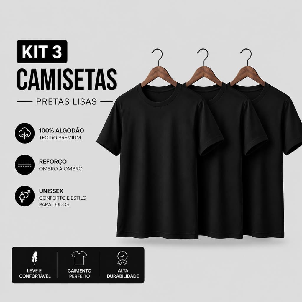 Kit 3 Camisetas Unissex Básicas Lisas Preta 100% Algodão Casual