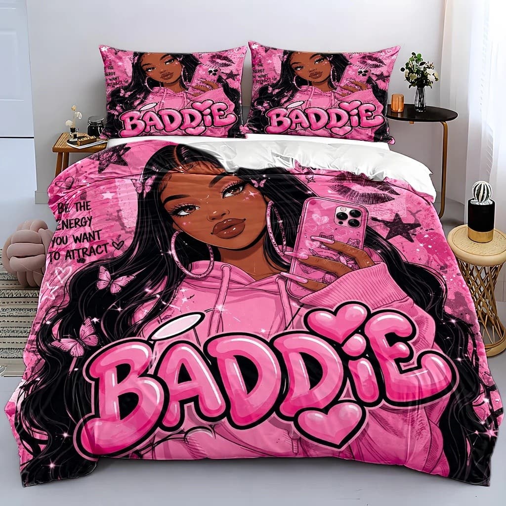 Conjunto de capa de edredão com tema Baddie da moda de 3 peças, conjunto de três peças de cama (1 * capa de edredão + 2