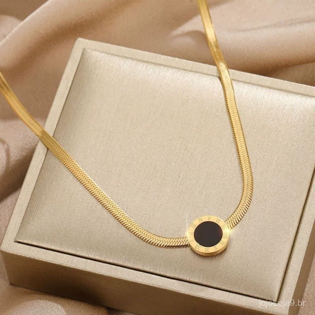 Colar de aço titânio em ouro 18K elegante preto aberto com top não desbotado em aço titânio colar com algarismos romanos