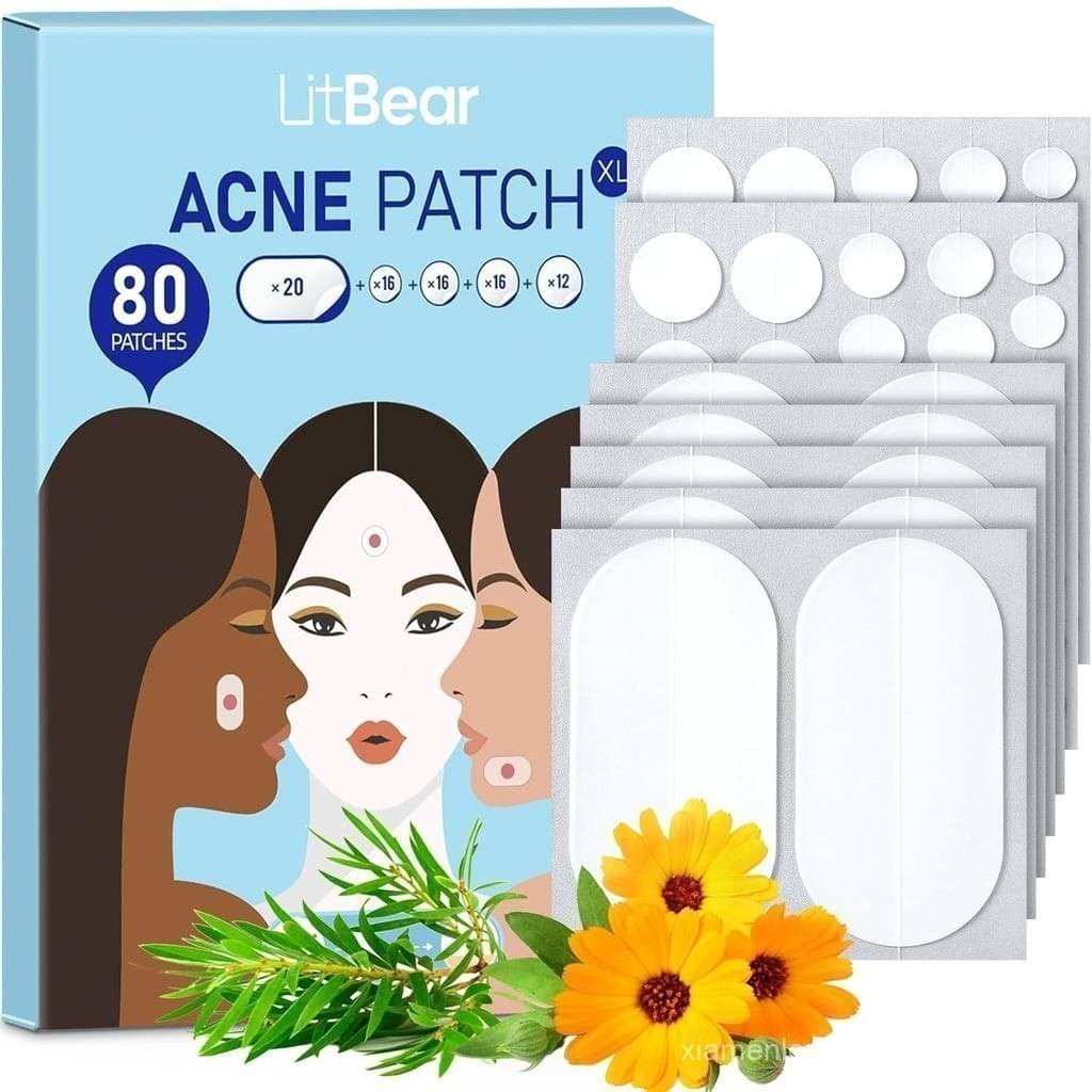 LitBear Adesivos Grandes para Acne, 5 Tamanhos, 80 Peças, Adequados para Grandes Erupções, Adesivos para Acne no Rosto,