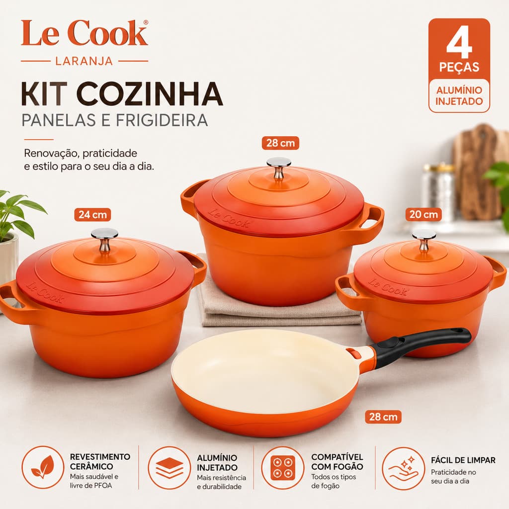 Jogo De Panelas Le Cook Premier Orange 4 Peças Revestimento Cerâmico Antiaderente