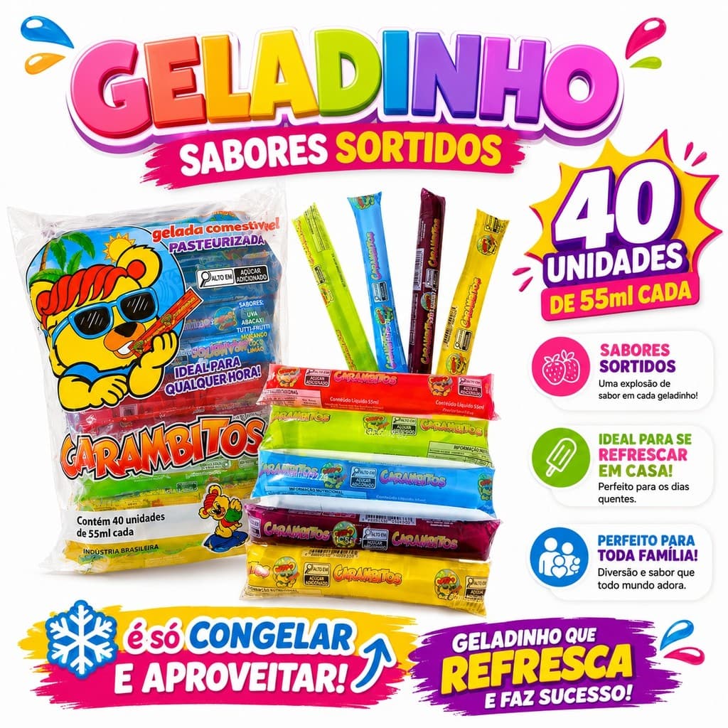 Geladinho Gelinho Sacolé Sabores Sortidos c/40un