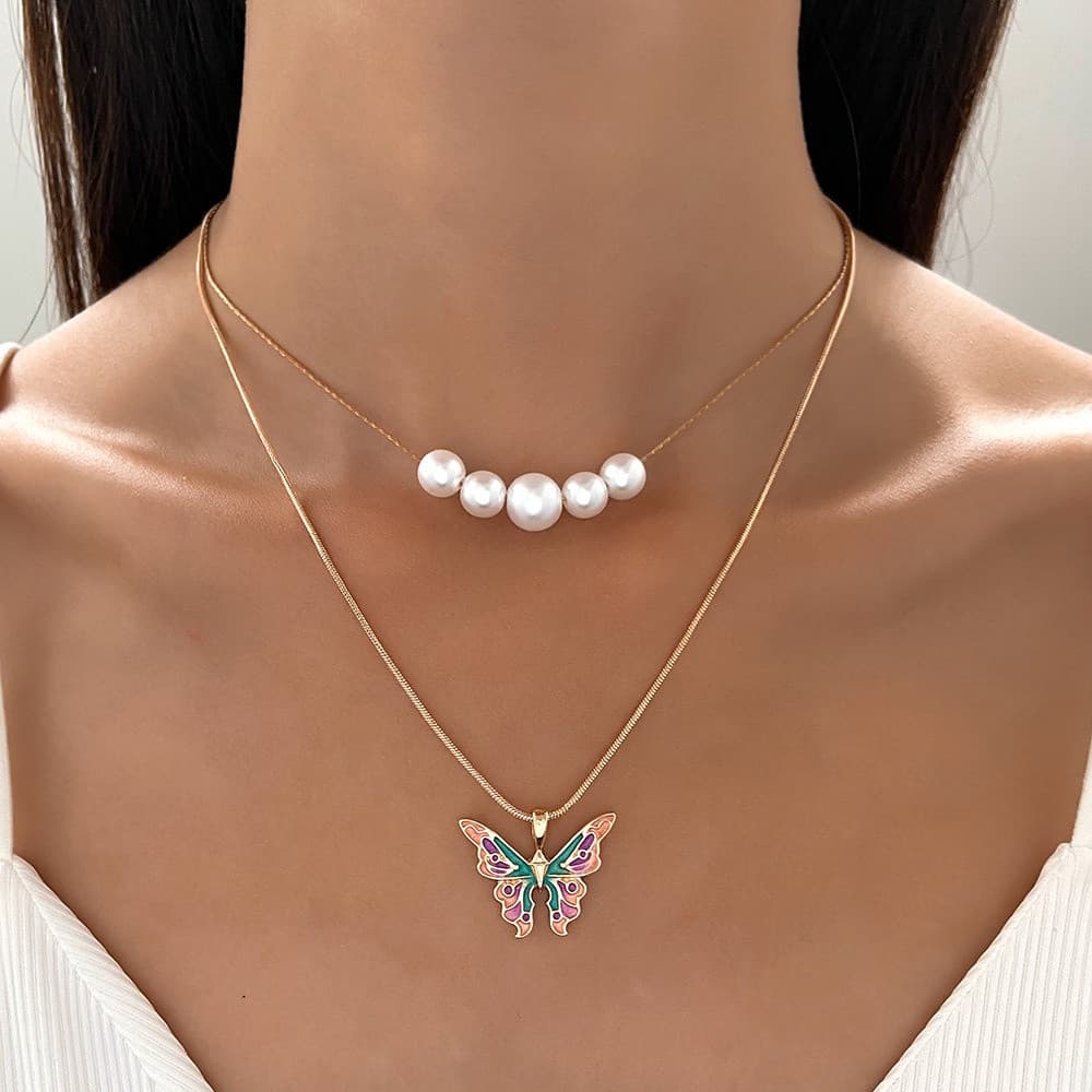 Barbie Princesa Borboleta Pingente Colar Dupla Camada Pérola Senhoras Meninas Acessórios De Moda Jóias Presentes