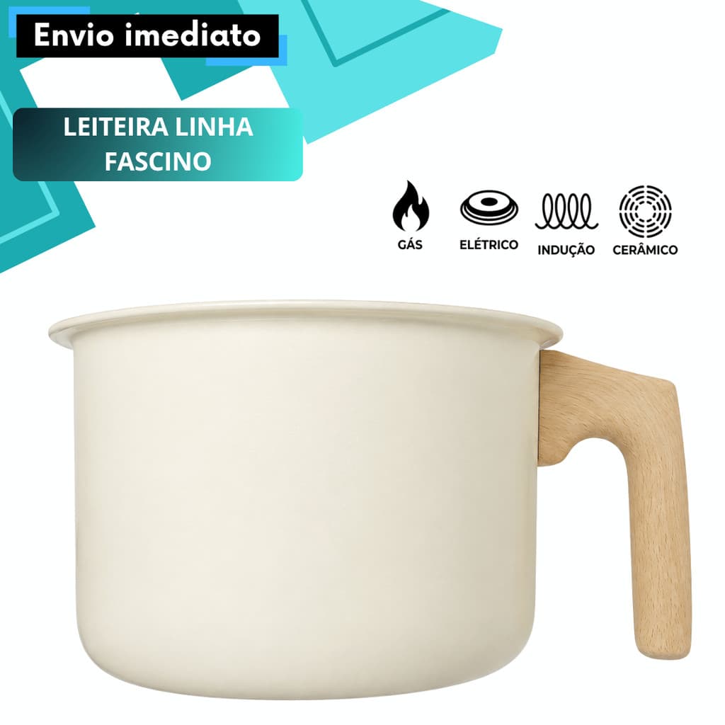 Leiteira Fervedor Cerâmica Antiaderente Bege 1,4L Cabo Confortável Para Uso Diário Gás e Indução Café Chocolate Leite