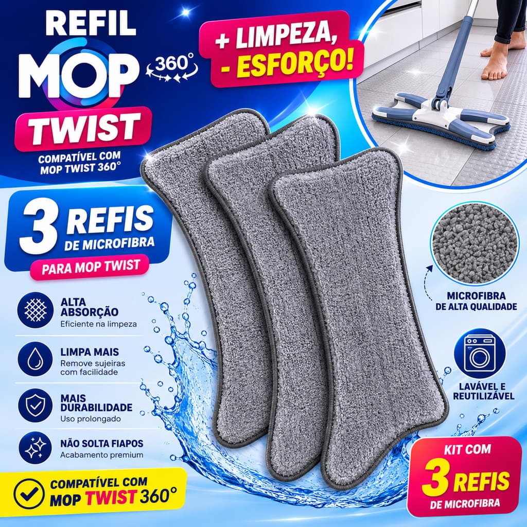 Kit 3 Refil Rodo Mágico Mop X Twist Microfibra Reposição Clean Tech Limpeza Pisos Profissional