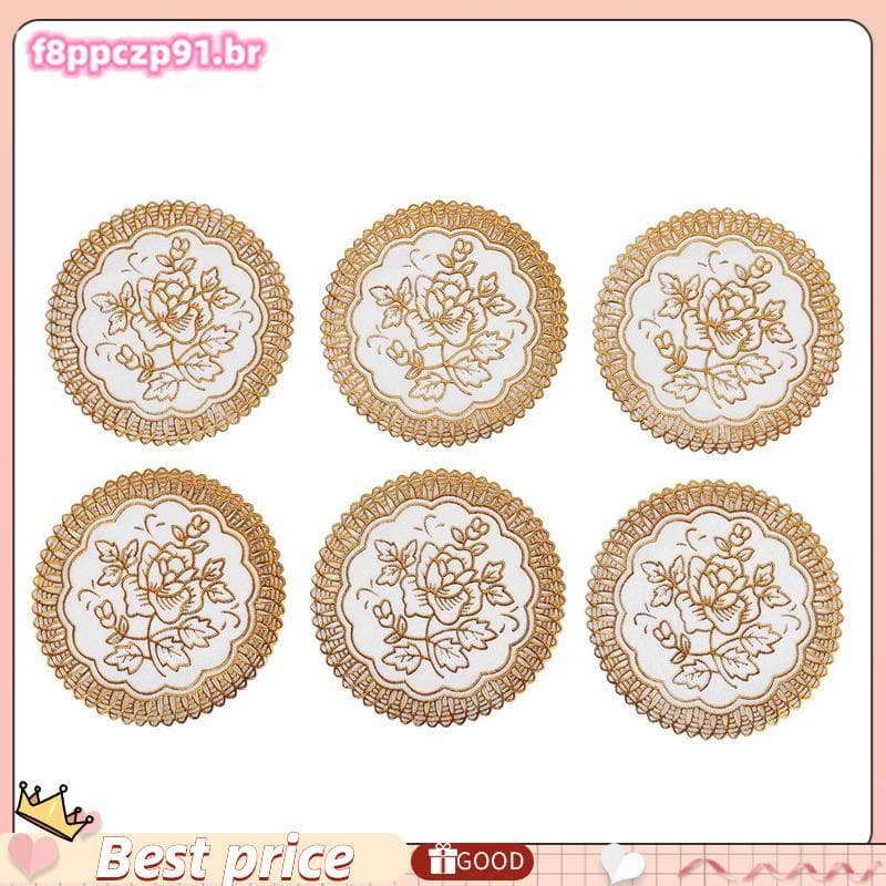 Conjunto De 6 COASTERS Requintados Para Mesa De Jantar Com Flores Em Tom Dourado