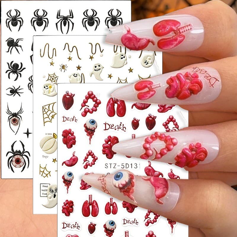 1-3pcs Halloween 5D Relief Nail Decals-Eyeball Spider Ghost Paster-Adesivos De Unhas Autoadesivos À Prova D'água-Para Na