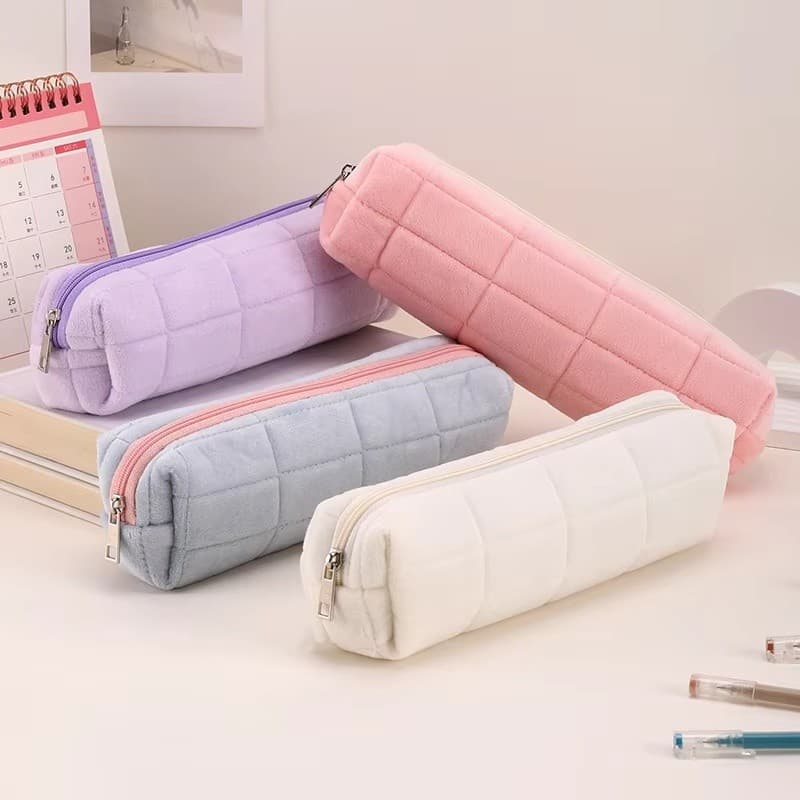 Estojo De Pelúcia Fofo Com Grade Macia , Zíper , Caneta De Papelaria , Material Escolar Estético Kawaii , Presente Para