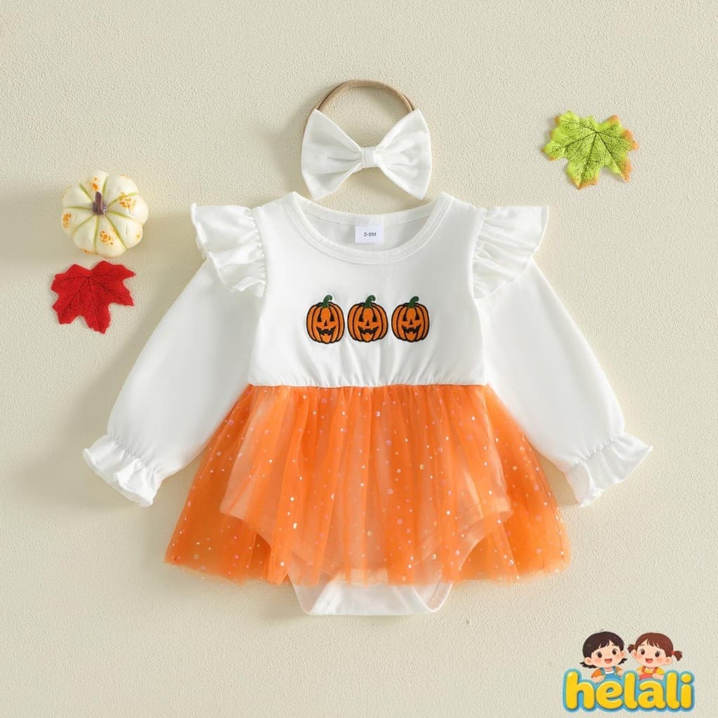 [helali] Roupa De Halloween Para Bebês Meninas Manga Comprida Gola Redonda Vestido De Tule Abóbora/Fantasma Com Faixa Ca