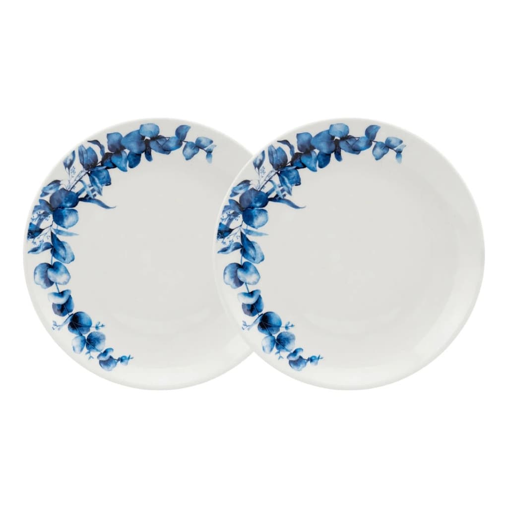 Kit 2 Pratos De Sobremesa Beli Cerâmica Com Eucalipto Azul Branco