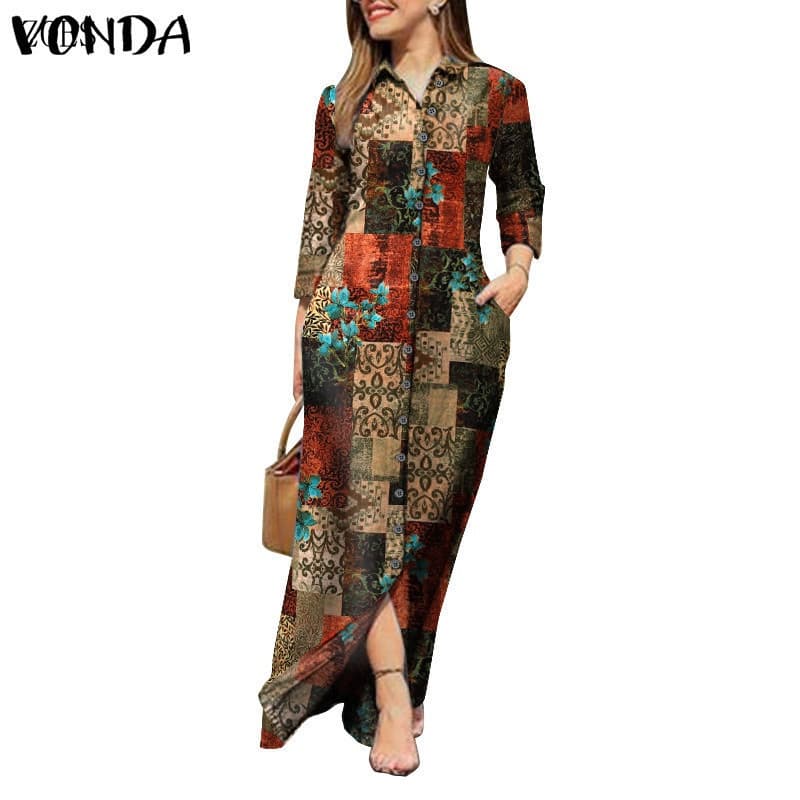 Vestido Maxi Casual Feminino Vonda com Estampa Florida, Gola Lapela e Botões AOUE 3841