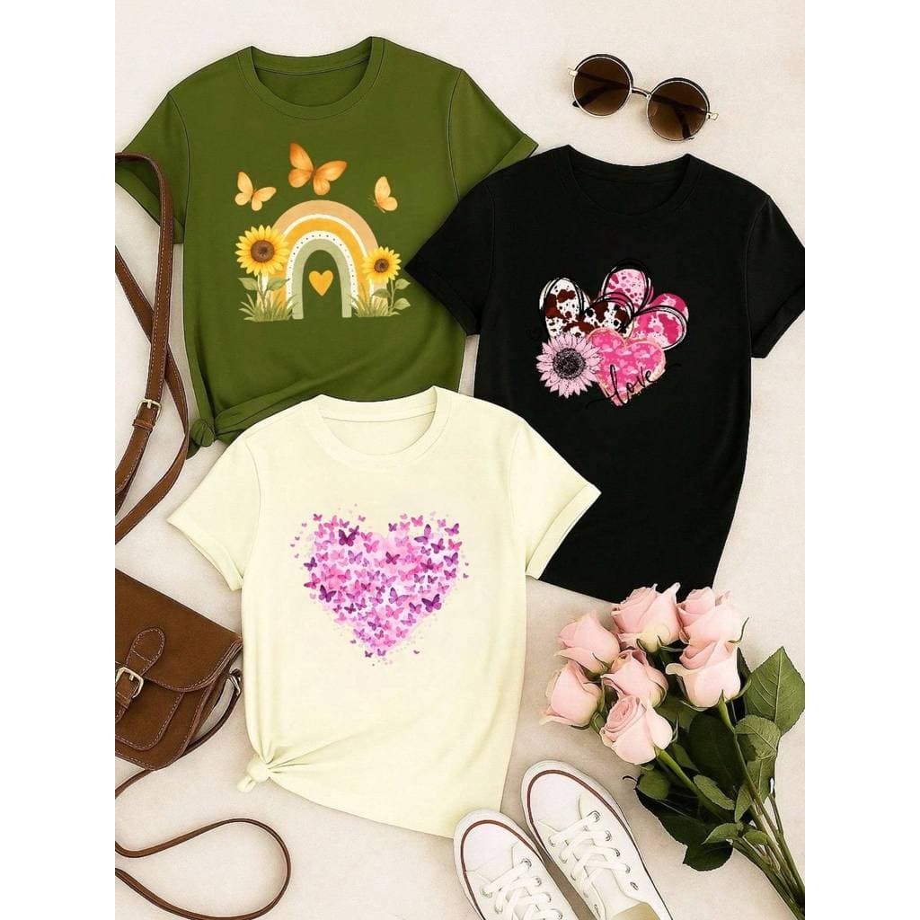 Conjunto de Blusas Casuais Estampadas para Mulheres com 3 Peças – Manga Curta, Confortável, para Uso Diário