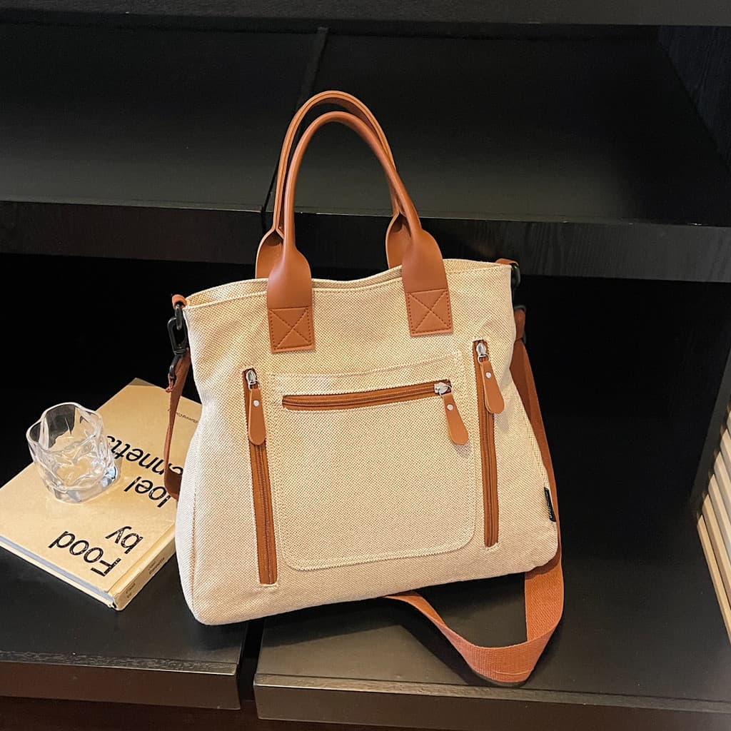 Bolsa feminina de lona de cor sólida, bolsa de ombro de grande capacidade, versátil para estudantes, bolsa de mão