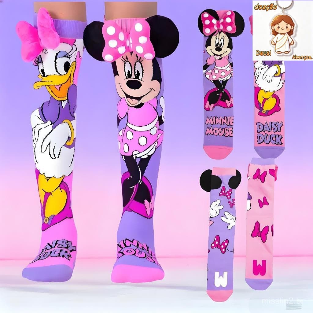 Meias Mickey Minnie Divertida 3D Personagens Maluca Meia Cano Alto Infantil