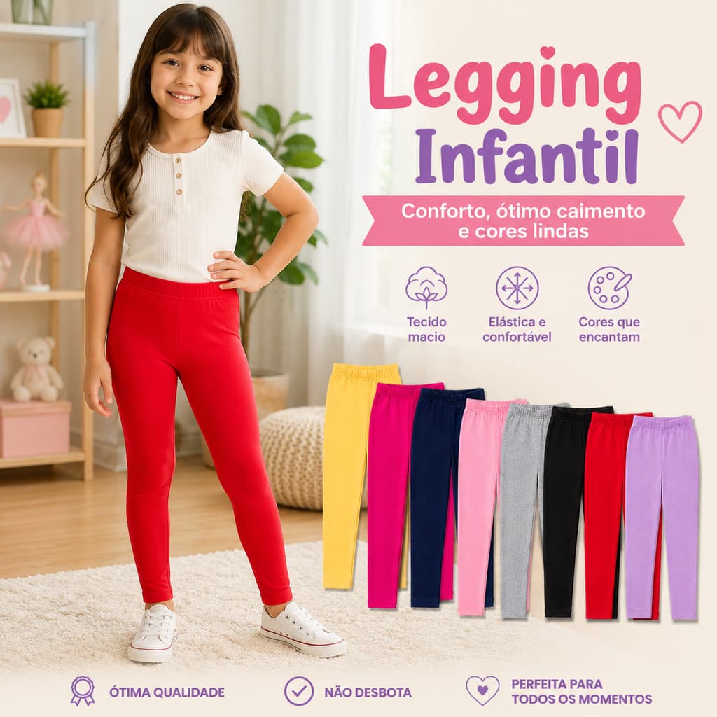 Kit 2 Calça Legging Lisa Infantil Menina Cotton Juvenil Escolar Tamanho 2 ao 14