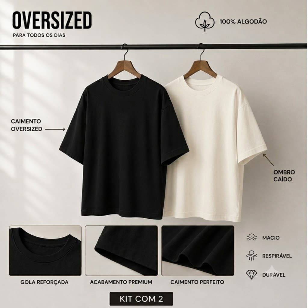 Kit 2 Camisetas 100% Algodão Oversized Masculina Lisa Streetwear