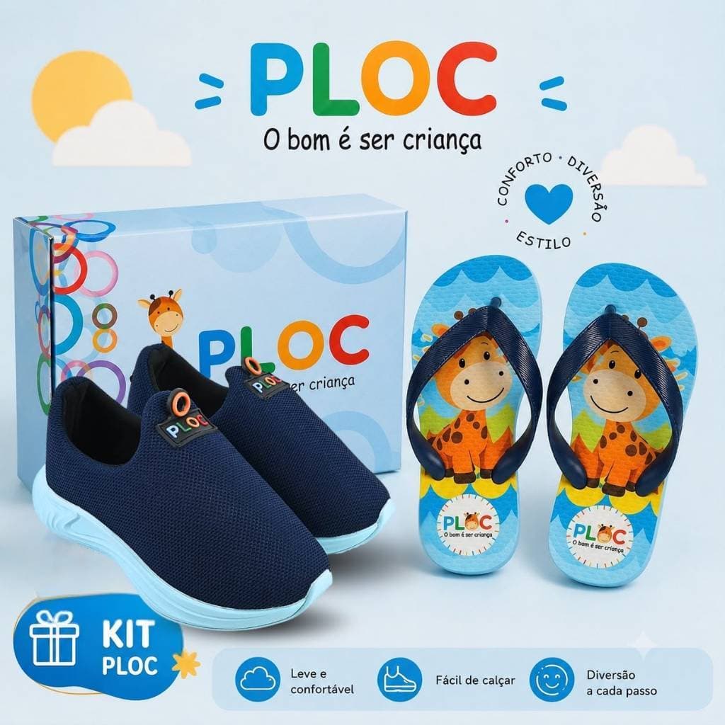 Kit 2 Pares: Tênis Calce Fácil P26 + Chinelo Infantil Ploc Menino Estampado