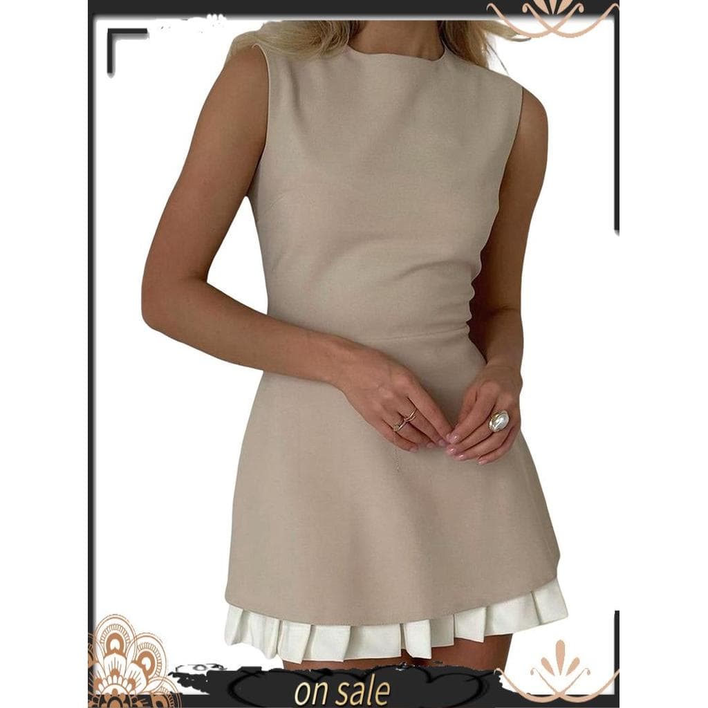 [Vendas Quentes Y] Vestido Feminino Elegante Com Emenda Plissada , Gola Redonda , Sem Mangas , Patchwork , Festa , Regat