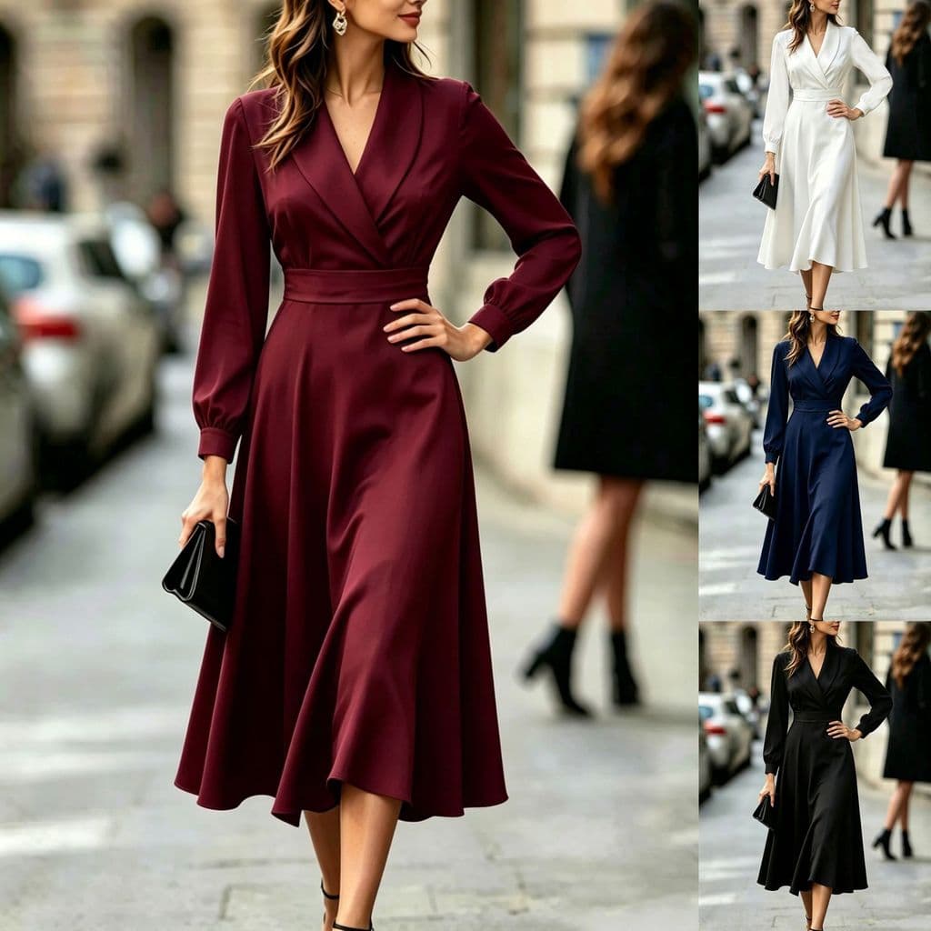 Vestido Feminino Com Gola Xale , Manga Comprida , Cintura Cinchada , Linha A , Saia Midi Larga , Elegante , Cetim , De F