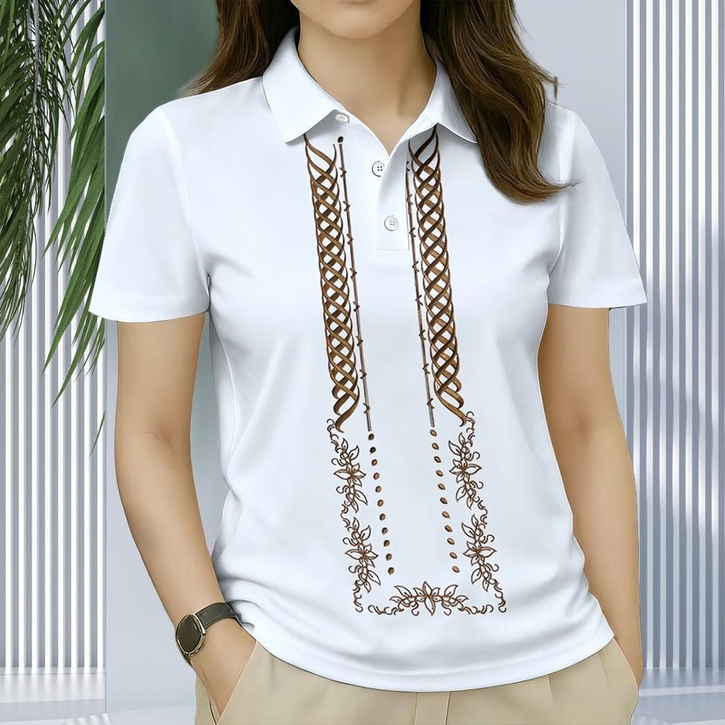 Camisa Polo Branca Para Mulheres Vintage Padrão Tradicional 3D Sublimação Barong Estilo Nacional Ao Ar Livre Casual Femi