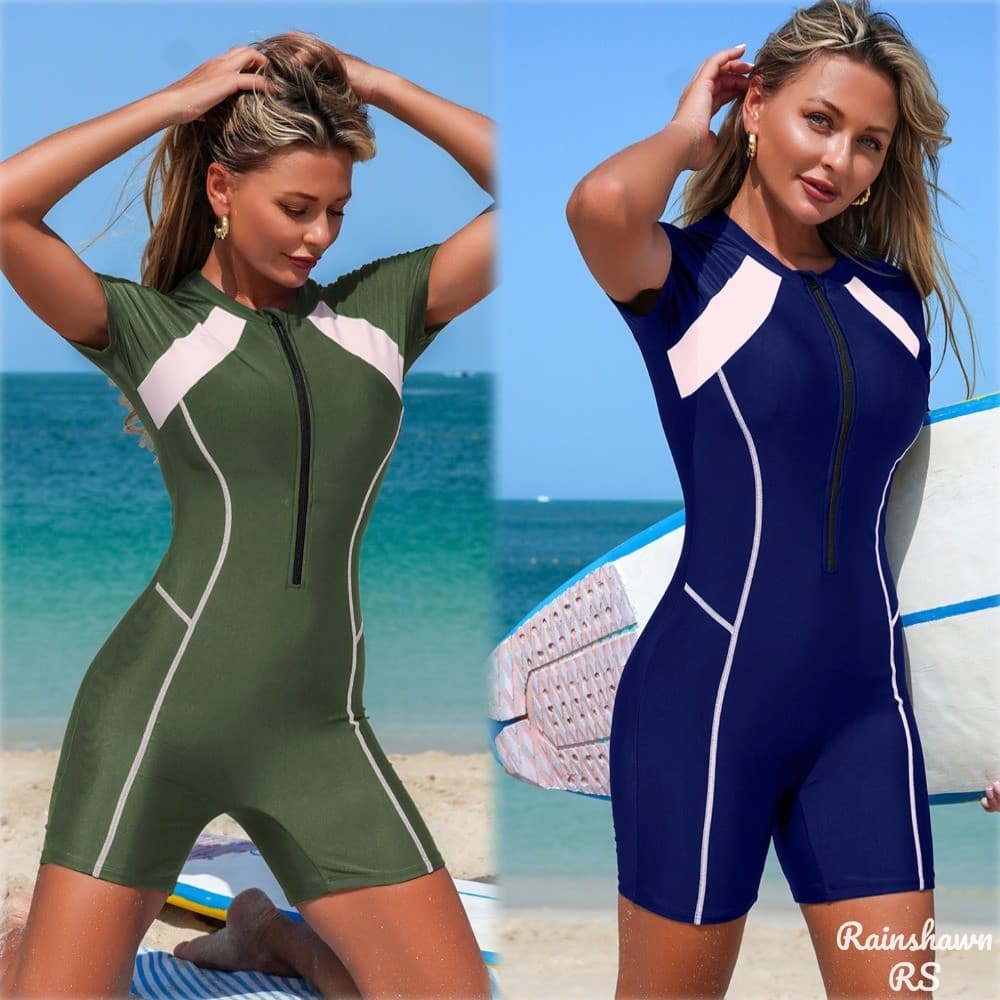 RS |   Maiô feminino com zíper, maiô de surf feminino, maiô de praia feminino, roupa de praia de manga curta tamanho gra