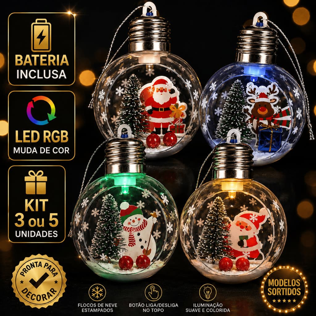 Kit 3 ou 5 Bolas De Natal 8 cm Com Led Pisca Pisca Perfeitas Para Decoração Natalina Globo de Neve