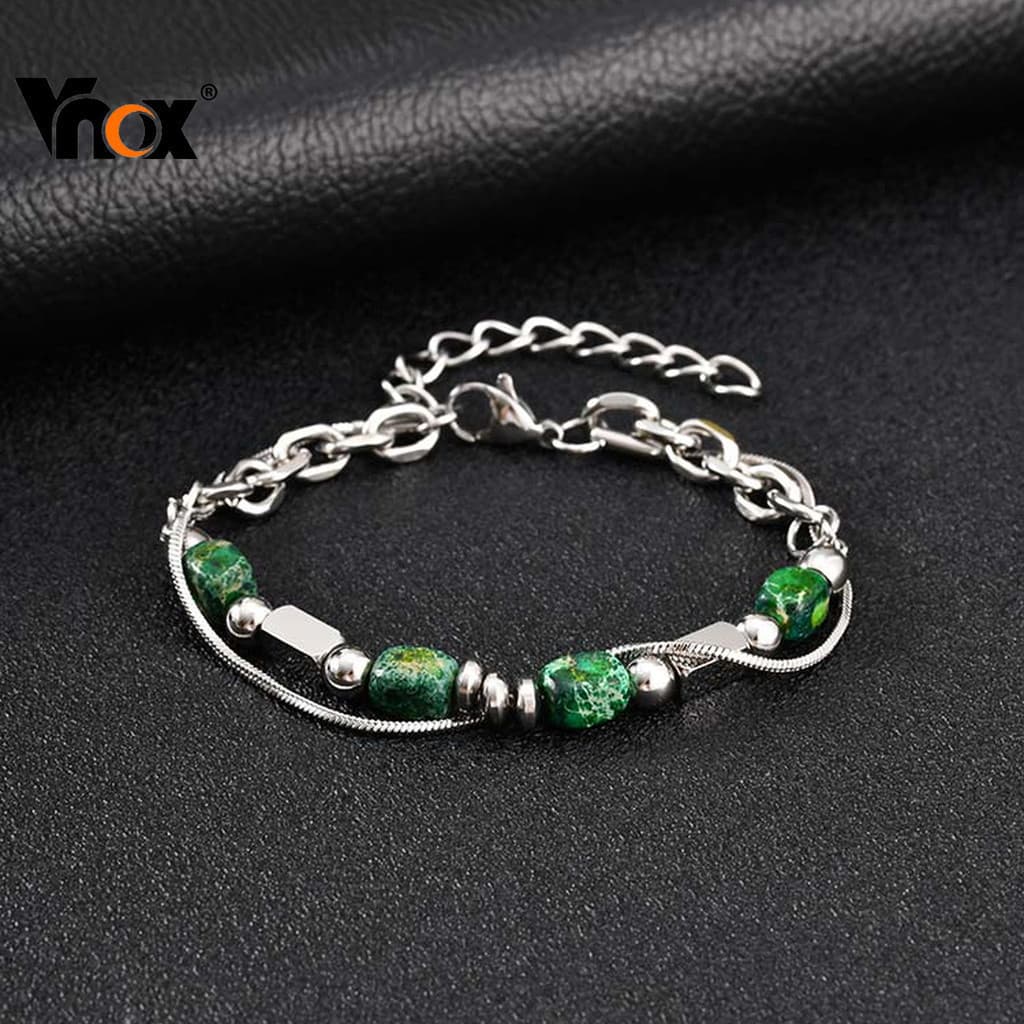 Pulseira Masculina de Pedra Natural Feita à Mão Vnox, Dupla Camada de Aço Inoxidável, Presente de Joalheria U0WJ