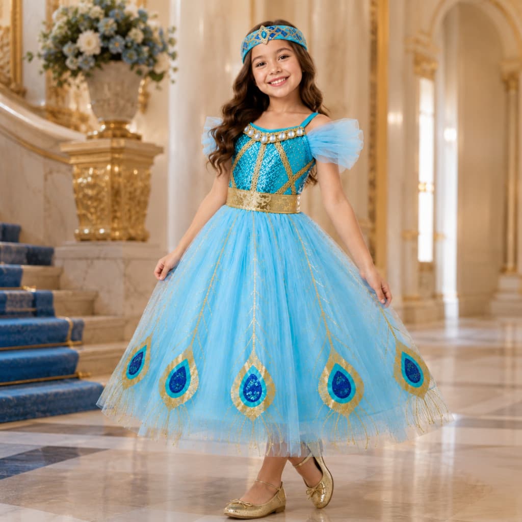 Vestido Jasmine para Meninas, Fantasia de Aladdin, Azul Pavão, Festa de Aniversário, Kit de Cosplay de Princesa de 2 Peç