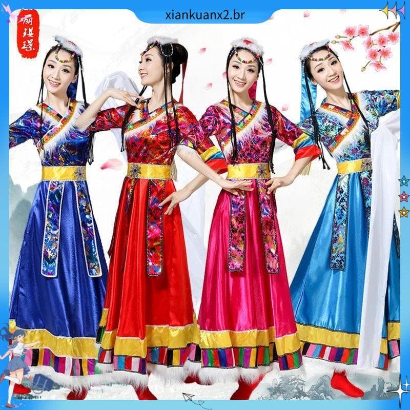 Traje de dança tibetana minoria traje étnico traje de palco traje de desempenho tibetano saia de dança quadrada adulto m