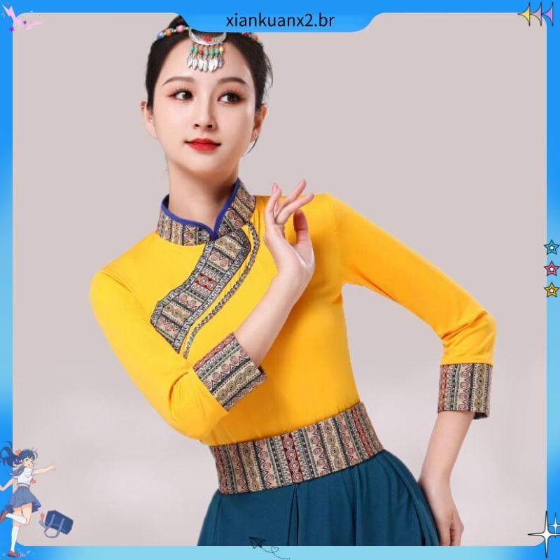 T traje de desempenho de dança tibetana feminino tibetano quadrado dança topo feminino tibetano arte exame prática terno