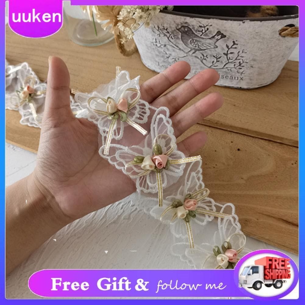 Uukendh Rosa flor fita de renda branca organza decorativo floral guarnição para roupas costura scrapbook casamento