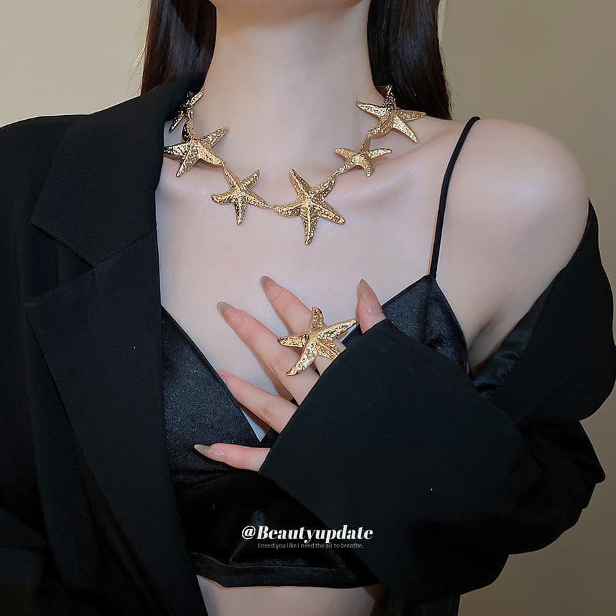 Europeu americano Metal plissado pontos estrela do mar colar conjunto único exagerado elegante clavícula corrente luz lu