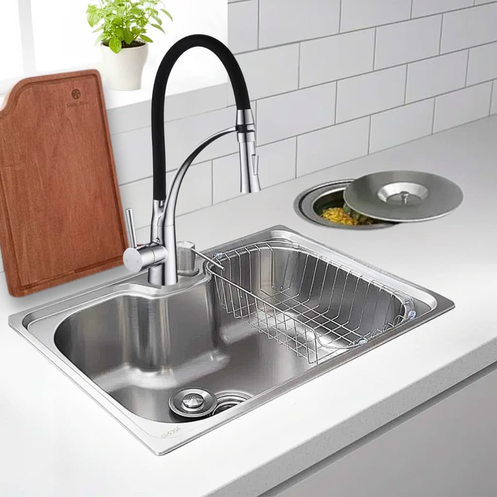 CUBA 60X42 INOX ESCOVADO + TORNEIRA FLEXÍVEL TÁBUA E LIXEIRA