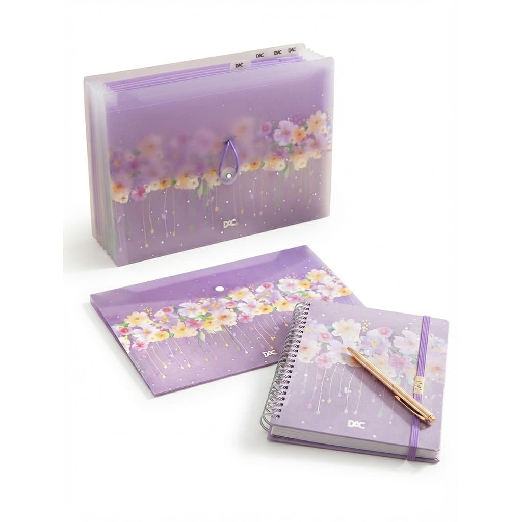 Kit Organização Flower DAC – Caderno + Pasta Envelope + Pasta Sanfonada!
