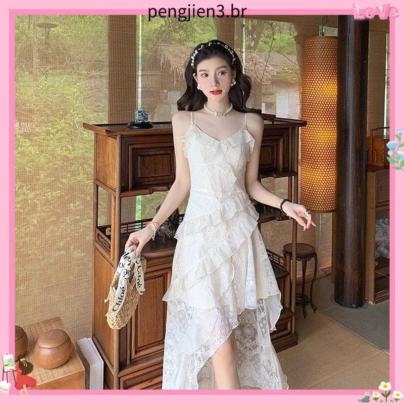 Vestido suspensor de renda francesa com decote em v, feminino, verão, viagem, férias, saia Irregular, linda cintura estr