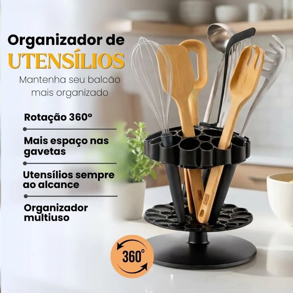Suporte Organizador de Utensílios para Cozinha com Base Giratória – Porta Colheres e Espátulas