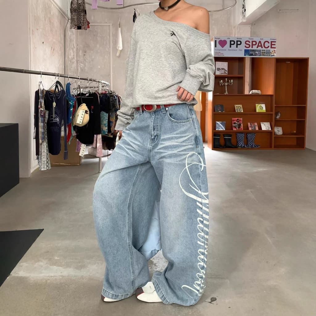 Retro exclusivo rua carta impressa Jeans Design sentir solto All-Match calças retas