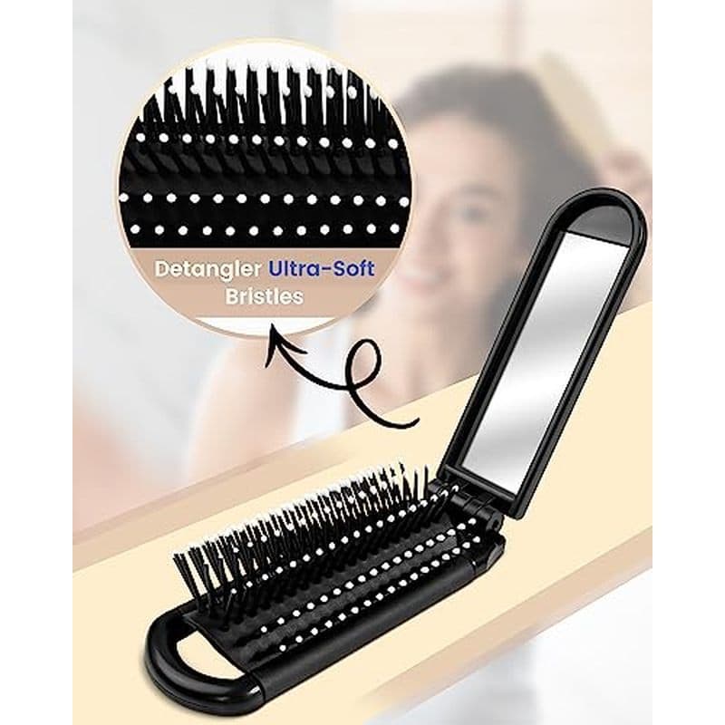 Conjunto de escova de cabelo dobrável para viagem, 6 peças, com espelho de maquiagem, adequado para carteiras e meninas