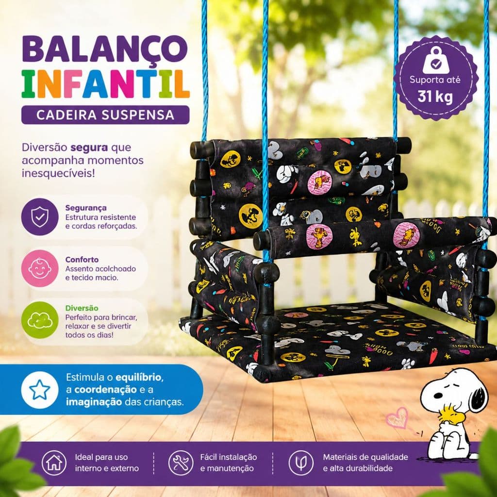 Balanço de Madeira Infantil Premium Reforçado para Bebês e Crianças até 31kg Uso Interno e Externo